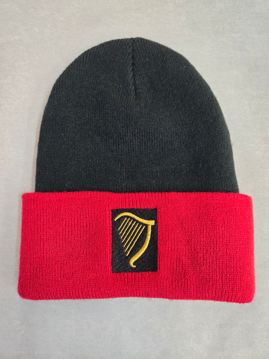 Red Cuff Beanie with Gold Lyre