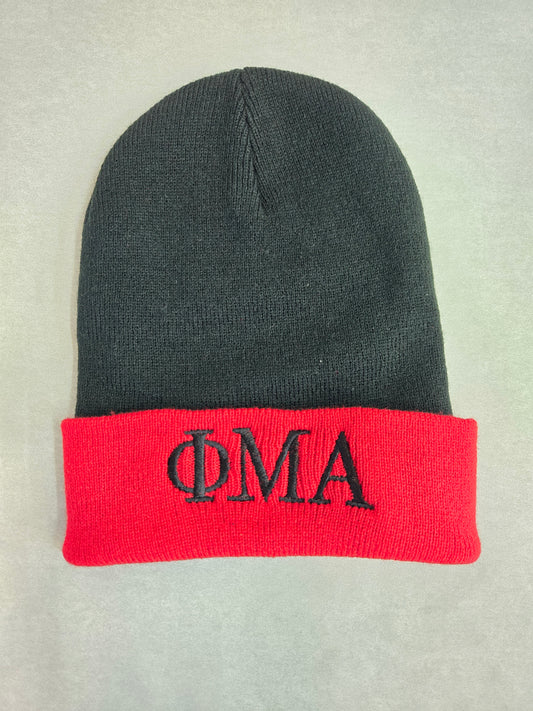 Red Cuff Beanie with Black large Greek Letters